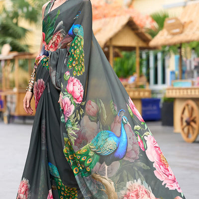 Elaborate Grey Digital Printed Georgette Saree With Supernal Blouse Piece