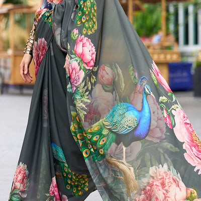 Elaborate Grey Digital Printed Georgette Saree With Supernal Blouse Piece