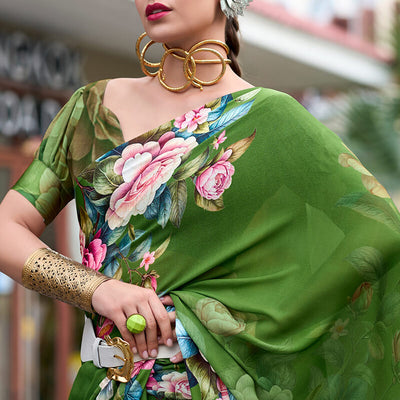 Intricate Green Digital Printed Georgette Saree With Charming Blouse Piece
