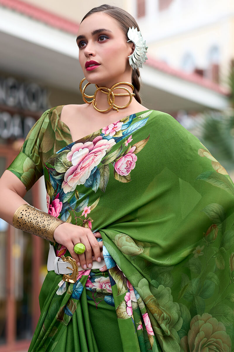 Intricate Green Digital Printed Georgette Saree With Charming Blouse Piece