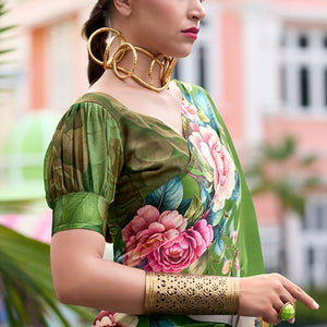Intricate Green Digital Printed Georgette Saree With Charming Blouse Piece