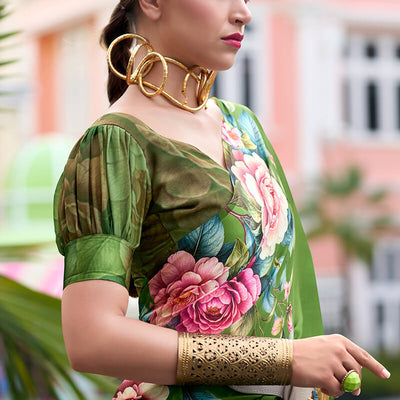 Intricate Green Digital Printed Georgette Saree With Charming Blouse Piece