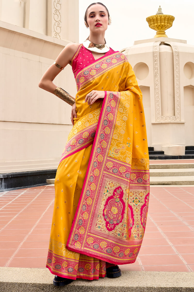 Posh Yellow Soft Banarasi Silk Saree With Scrumptious Blouse Piece