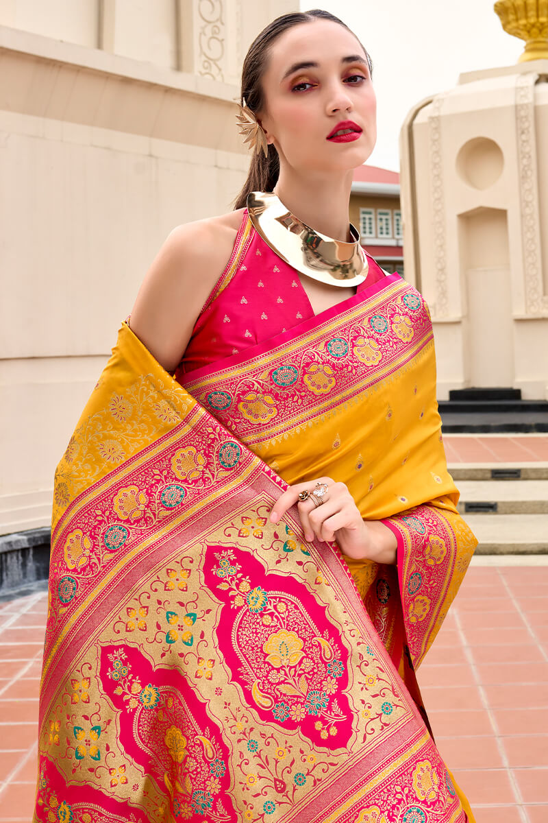 Posh Yellow Soft Banarasi Silk Saree With Scrumptious Blouse Piece