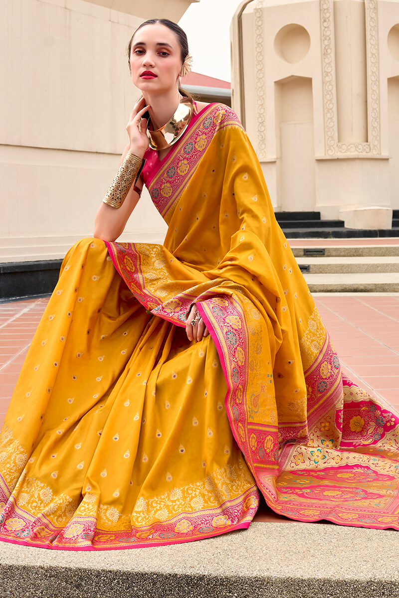 Posh Yellow Soft Banarasi Silk Saree With Scrumptious Blouse Piece