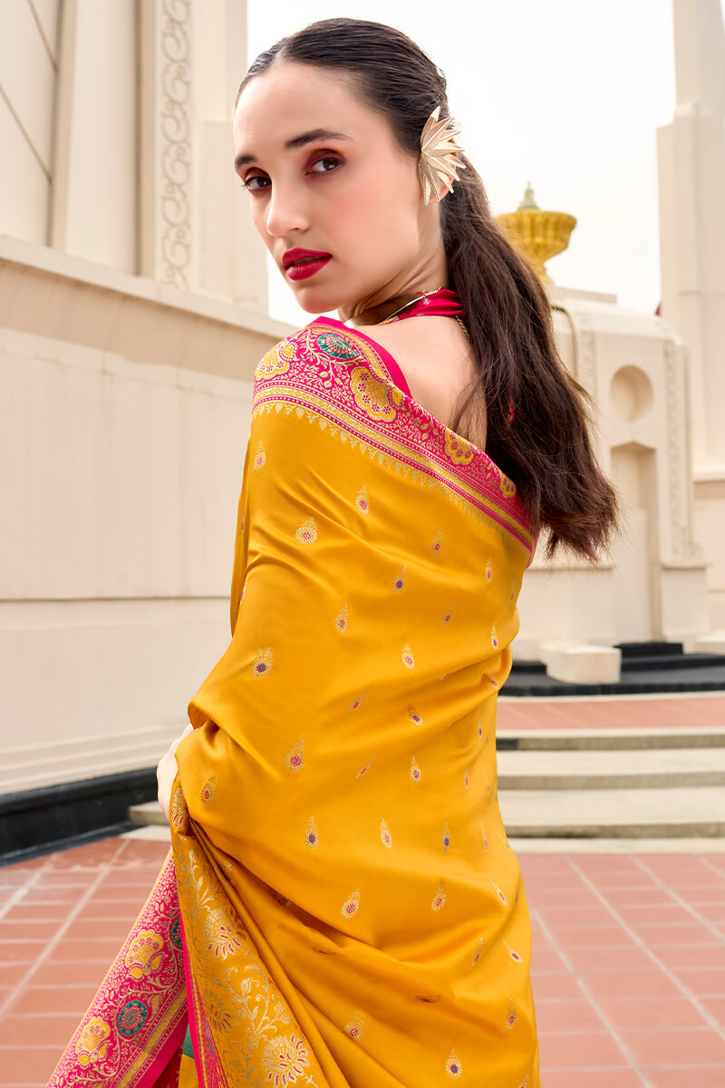 Posh Yellow Soft Banarasi Silk Saree With Scrumptious Blouse Piece