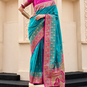Mellifluous Firozi Soft Banarasi Silk Saree With Glittering Blouse Piece