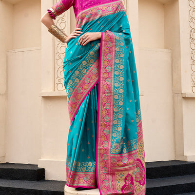 Mellifluous Firozi Soft Banarasi Silk Saree With Glittering Blouse Piece