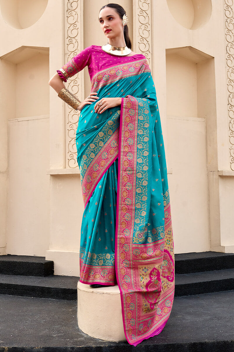 Mellifluous Firozi Soft Banarasi Silk Saree With Glittering Blouse Piece