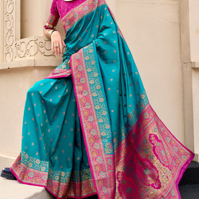 Mellifluous Firozi Soft Banarasi Silk Saree With Glittering Blouse Piece