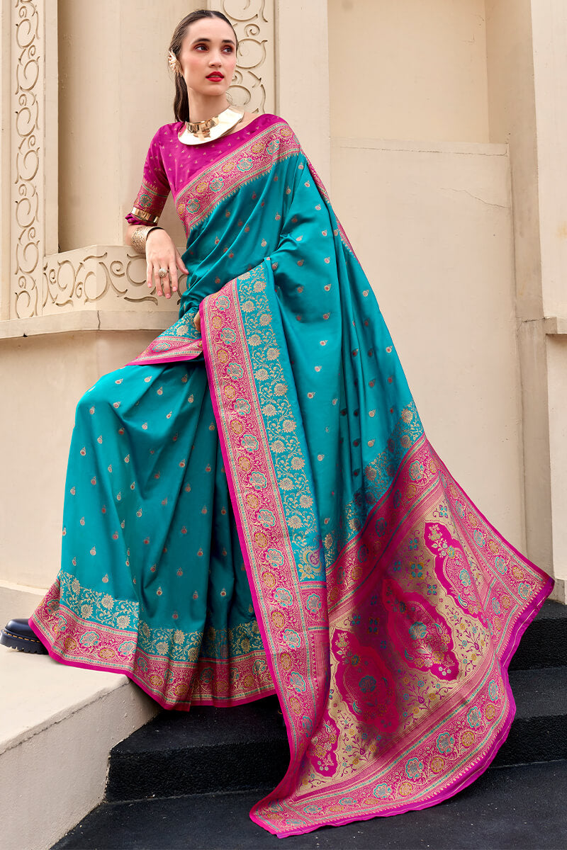 Mellifluous Firozi Soft Banarasi Silk Saree With Glittering Blouse Piece