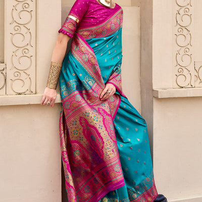 Mellifluous Firozi Soft Banarasi Silk Saree With Glittering Blouse Piece