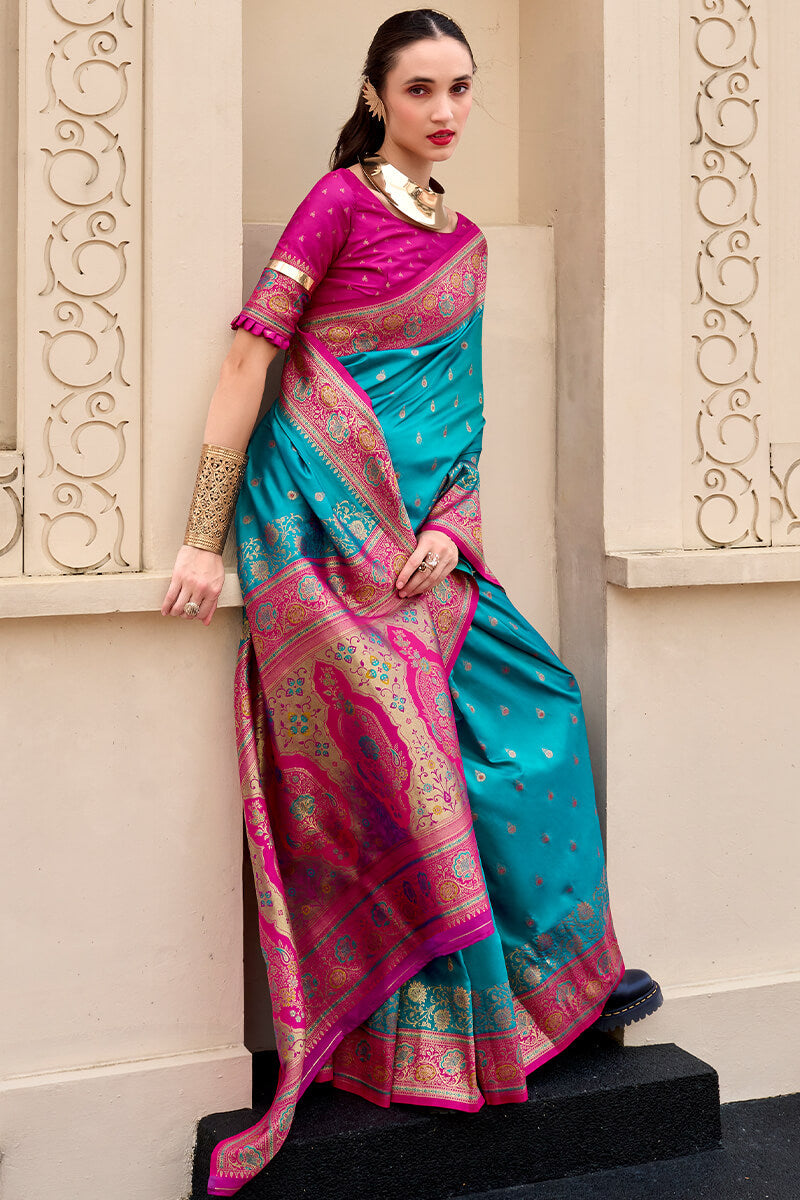 Mellifluous Firozi Soft Banarasi Silk Saree With Glittering Blouse Piece