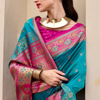 Mellifluous Firozi Soft Banarasi Silk Saree With Glittering Blouse Piece