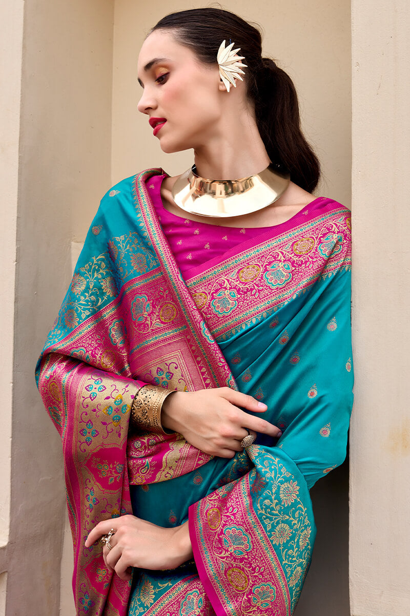 Mellifluous Firozi Soft Banarasi Silk Saree With Glittering Blouse Piece
