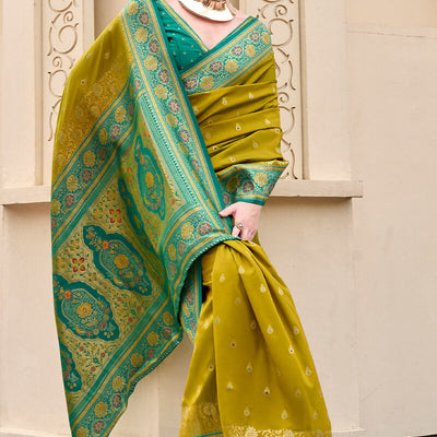 Surpassing Mehndi Soft Banarasi Silk Saree With Tantalizing Blouse Piece