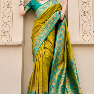 Surpassing Mehndi Soft Banarasi Silk Saree With Tantalizing Blouse Piece