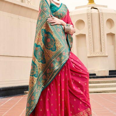 Appealing Dark Pink Soft Banarasi Silk Saree With Wonderful Blouse Piece