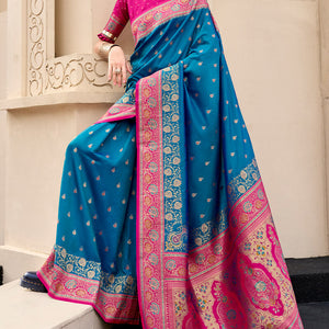 Traditional Blue Soft Banarasi Silk Saree With Opulent Blouse Piece