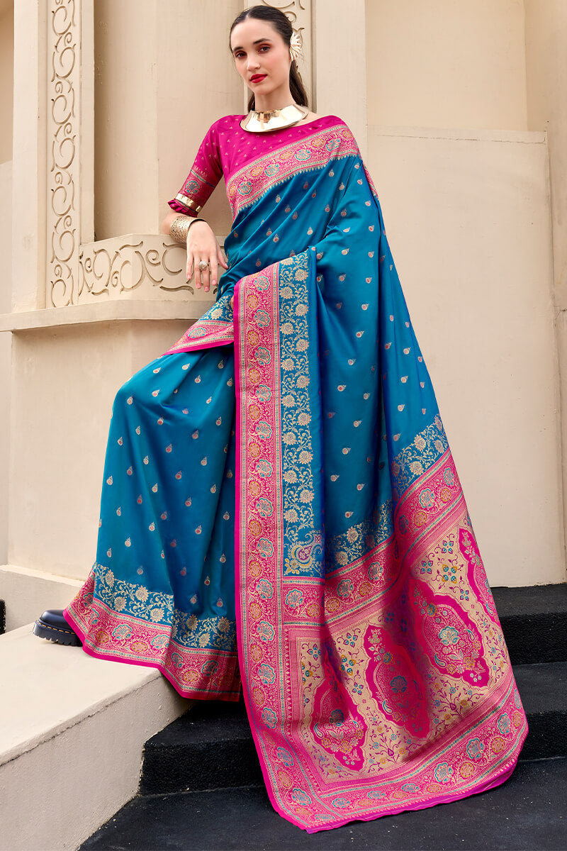 Traditional Blue Soft Banarasi Silk Saree With Opulent Blouse Piece