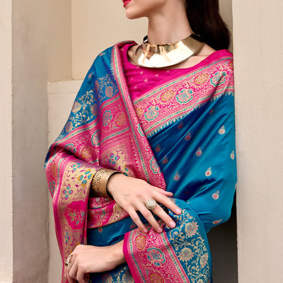 Traditional Blue Soft Banarasi Silk Saree With Opulent Blouse Piece