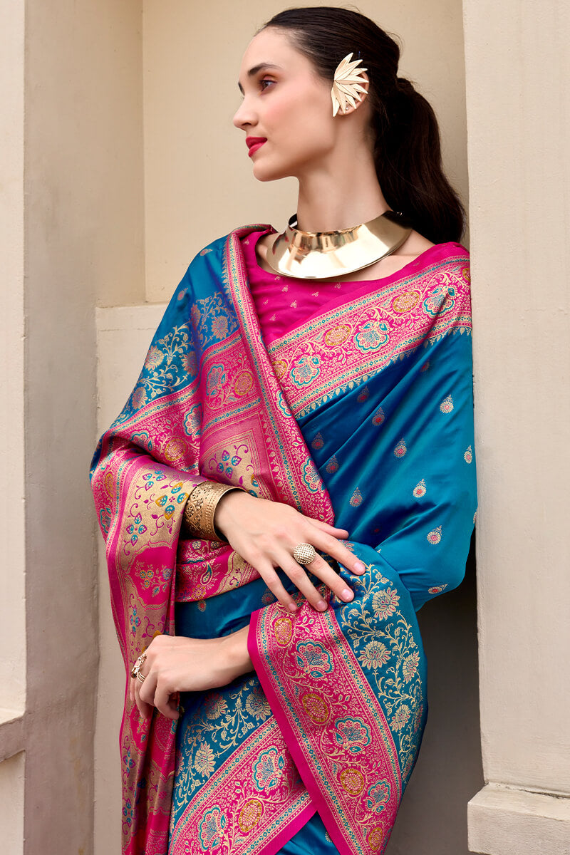 Traditional Blue Soft Banarasi Silk Saree With Opulent Blouse Piece