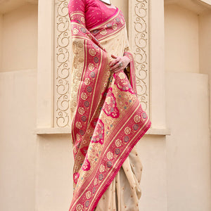Divine Beige Soft Banarasi Silk Saree With Epiphany Blouse Piece