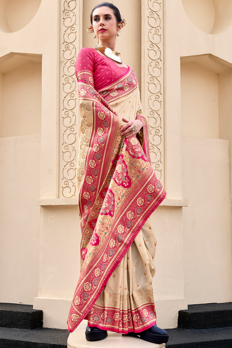 Divine Beige Soft Banarasi Silk Saree With Epiphany Blouse Piece