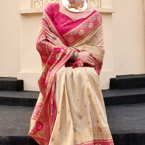 Divine Beige Soft Banarasi Silk Saree With Epiphany Blouse Piece
