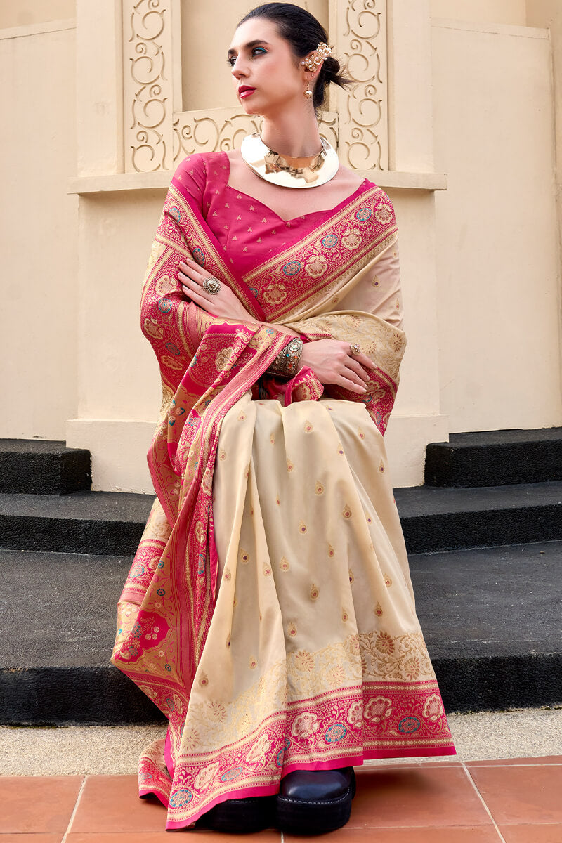 Divine Beige Soft Banarasi Silk Saree With Epiphany Blouse Piece