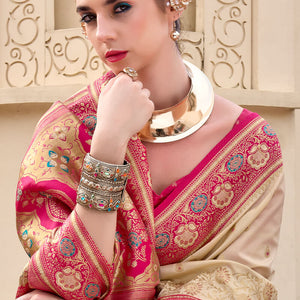 Divine Beige Soft Banarasi Silk Saree With Epiphany Blouse Piece