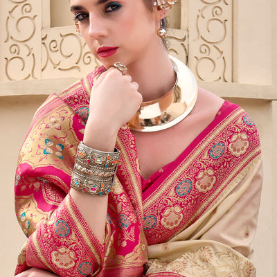 Divine Beige Soft Banarasi Silk Saree With Epiphany Blouse Piece