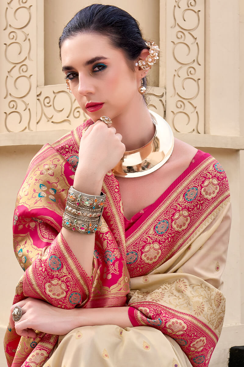 Divine Beige Soft Banarasi Silk Saree With Epiphany Blouse Piece
