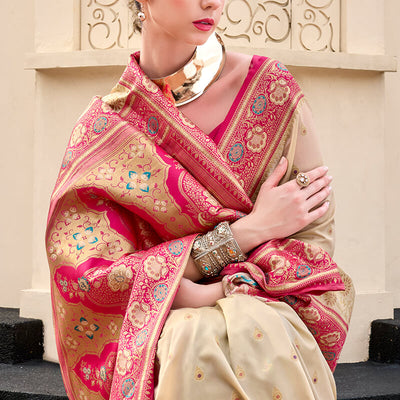 Divine Beige Soft Banarasi Silk Saree With Epiphany Blouse Piece