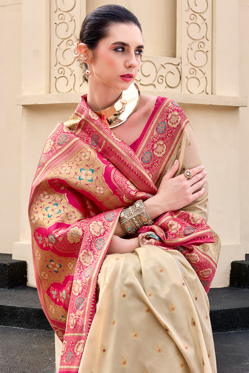 Divine Beige Soft Banarasi Silk Saree With Epiphany Blouse Piece