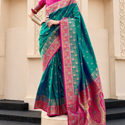 Exemplary Rama Soft Banarasi Silk Saree With Entrancing Blouse Piece