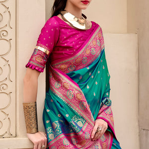 Exemplary Rama Soft Banarasi Silk Saree With Entrancing Blouse Piece