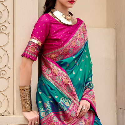 Exemplary Rama Soft Banarasi Silk Saree With Entrancing Blouse Piece