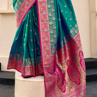 Exemplary Rama Soft Banarasi Silk Saree With Entrancing Blouse Piece