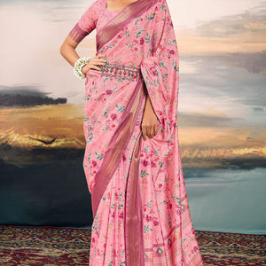 Surpassing Pink Digital Printed Cotton Silk Saree With Angelic Blouse Piece