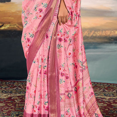 Surpassing Pink Digital Printed Cotton Silk Saree With Angelic Blouse Piece