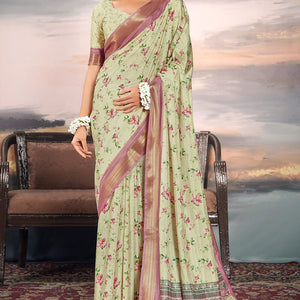 Vibrant Pista Digital Printed Cotton Silk Saree With Amazing Blouse Piece