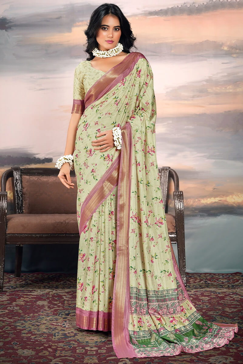 Vibrant Pista Digital Printed Cotton Silk Saree With Amazing Blouse Piece