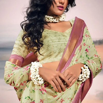 Vibrant Pista Digital Printed Cotton Silk Saree With Amazing Blouse Piece