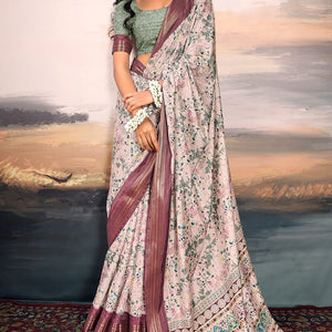 Tremendous Baby Pink Digital Printed Cotton Silk Saree With Effulgent Blouse Piece