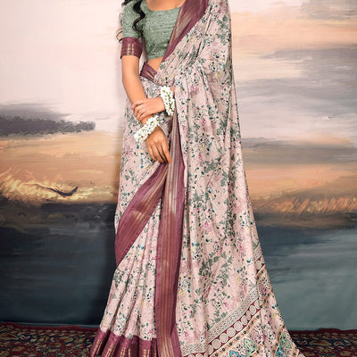Tremendous Baby Pink Digital Printed Cotton Silk Saree With Effulgent Blouse Piece