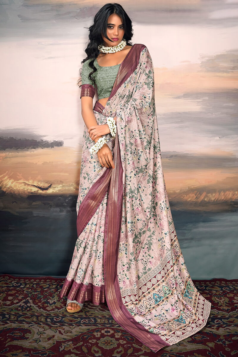 Tremendous Baby Pink Digital Printed Cotton Silk Saree With Effulgent Blouse Piece