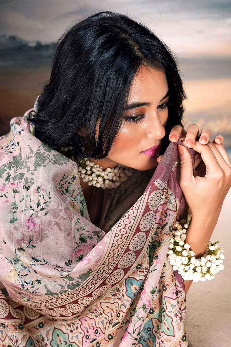 Tremendous Baby Pink Digital Printed Cotton Silk Saree With Effulgent Blouse Piece