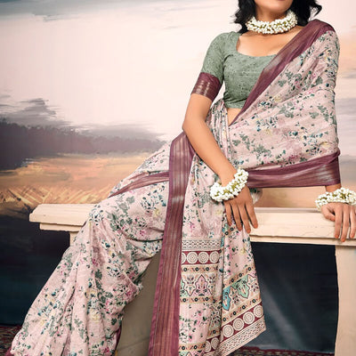 Tremendous Baby Pink Digital Printed Cotton Silk Saree With Effulgent Blouse Piece