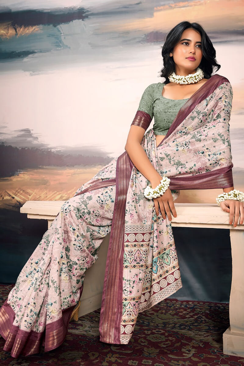 Tremendous Baby Pink Digital Printed Cotton Silk Saree With Effulgent Blouse Piece